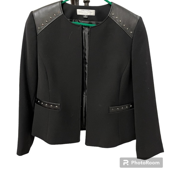 Tahari black short jacket with vegan leather and black metal details - Picture 1 of 6